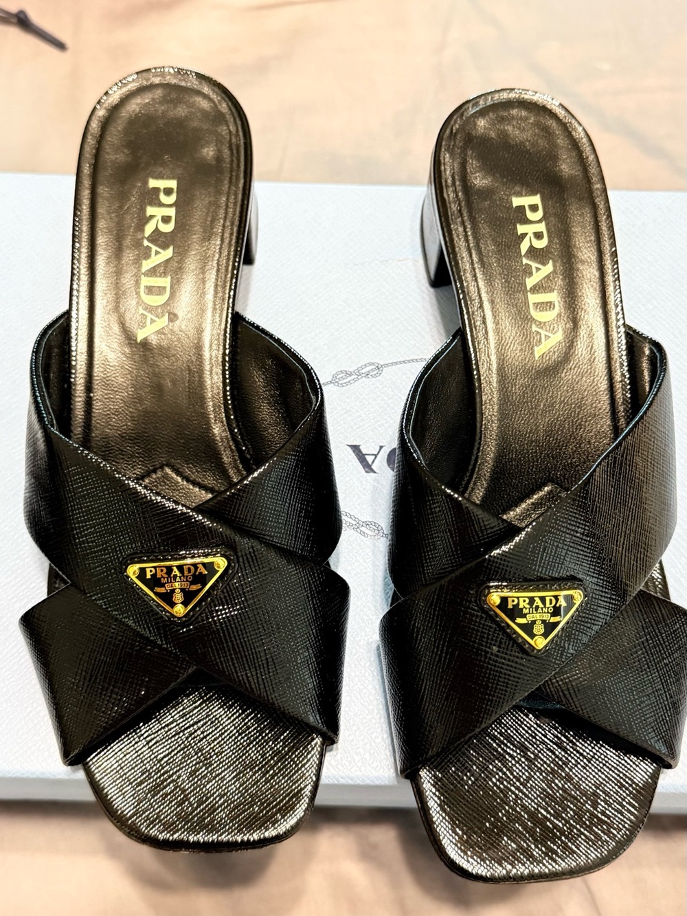 Prada Black Leather Crisscross Logo Slide Heels